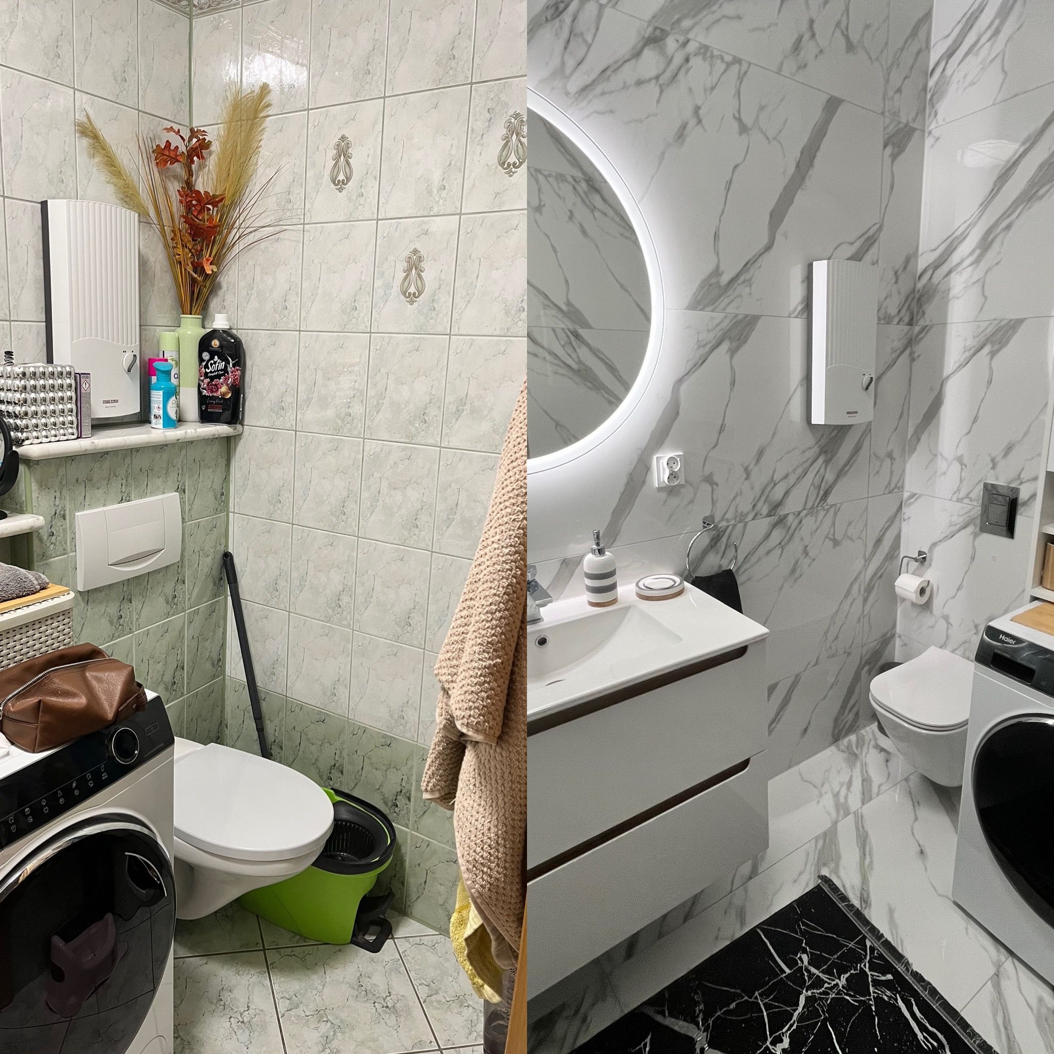 Zdjęcie 'przed i po' prezentujące metamorfozę łazienki: od płytek w odcieniach zieleni do nowoczesnych, marmurkowych. Widoczna pralka i toaleta w obu odsłonach.