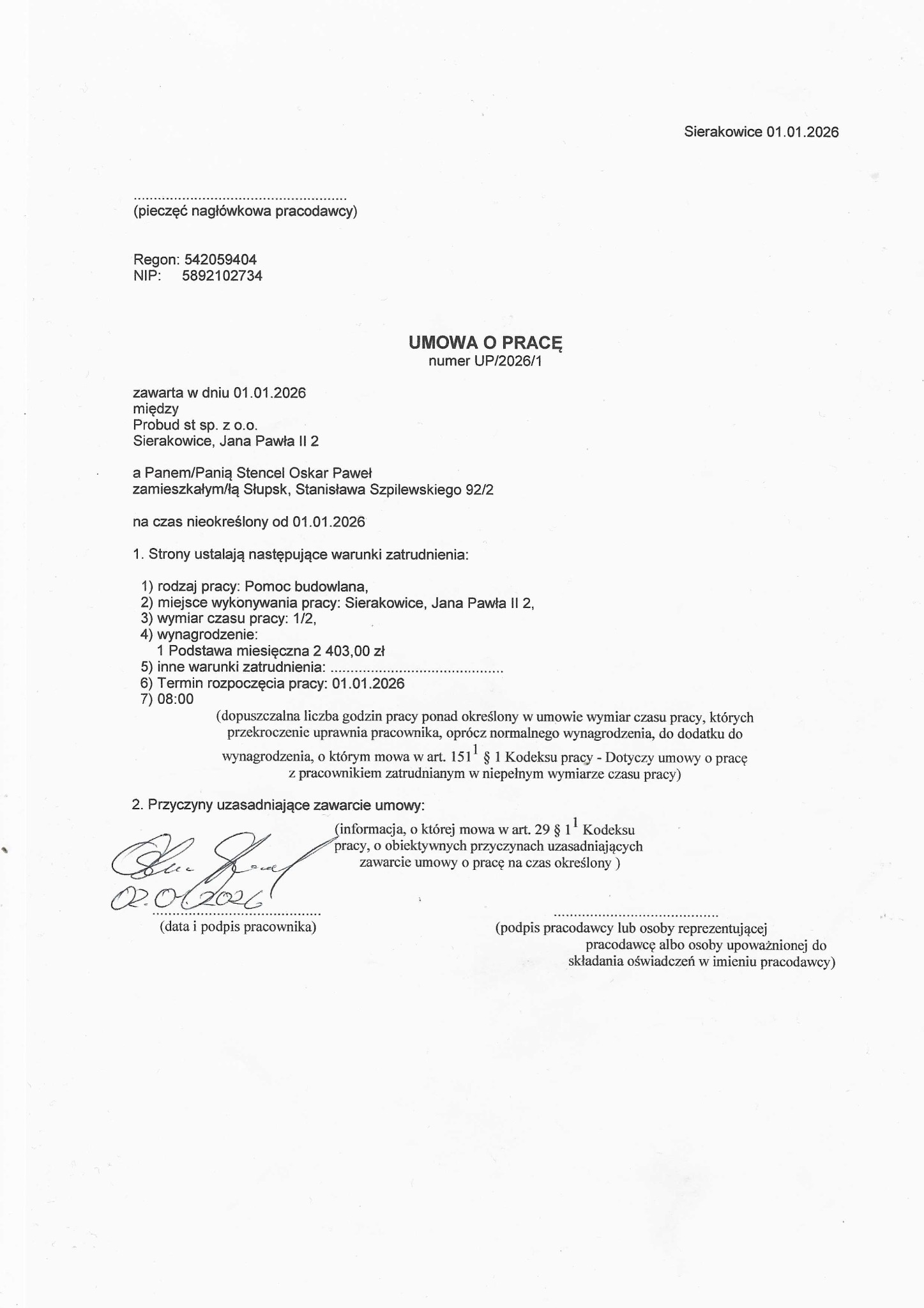 Skan umowy o pracę z datą 01.01.2026, dotyczącej pomocy budowlanej. Dokument zawiera dane pracodawcy, pracownika, warunki zatrudnienia i podpisy.