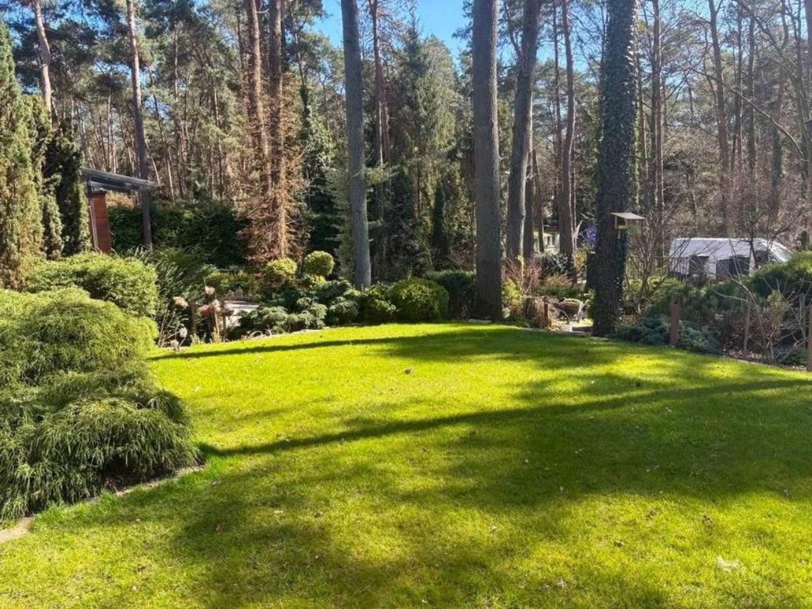 Zadbany trawnik z drzewami i krzewami w tle, oświetlony słońcem. Widoczny fragment architektury ogrodowej i wózek ogrodowy. Trawa krótko przystrzyżona, soczyście zielona.