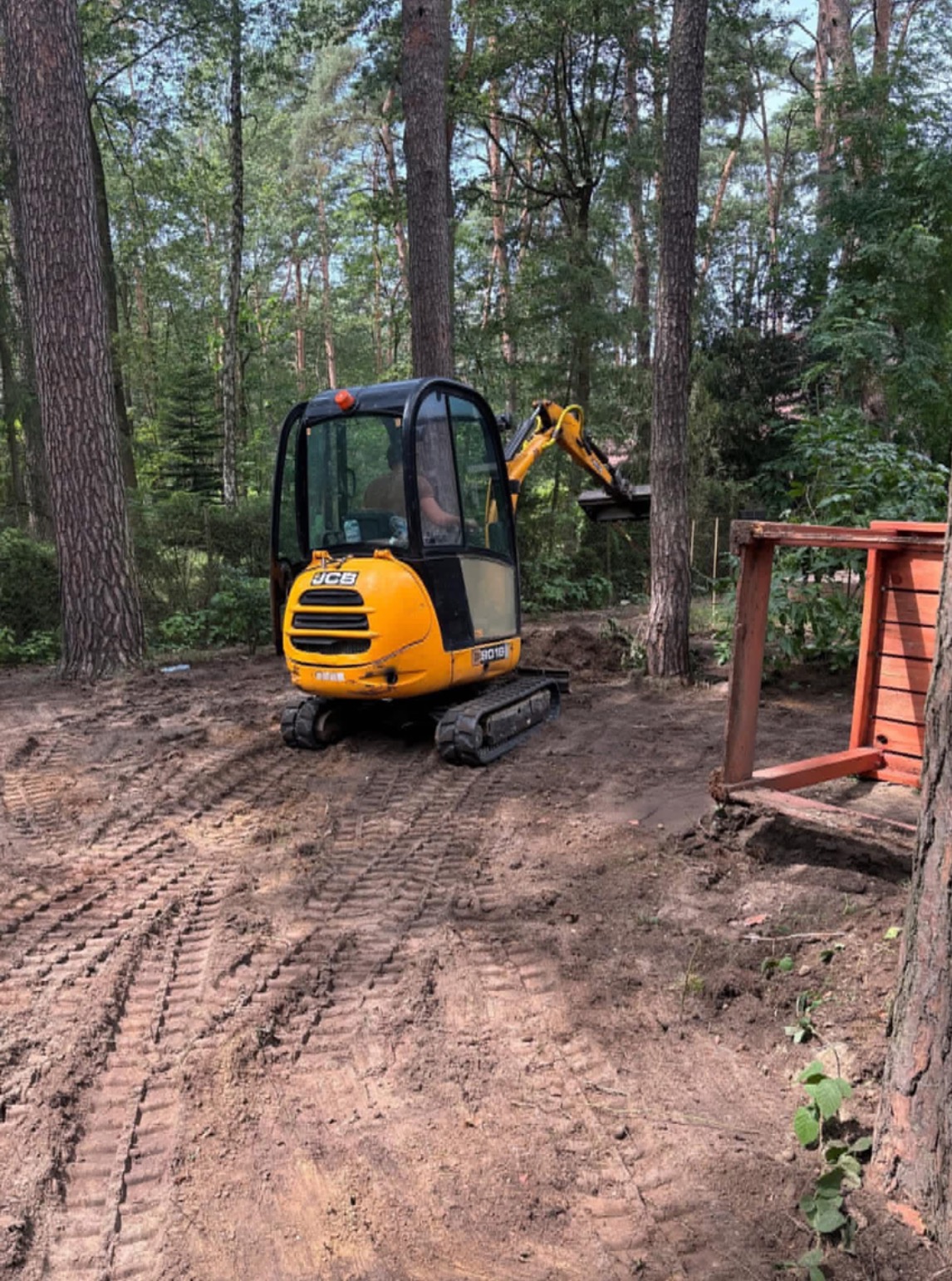 Żółta mini koparka JCB na terenie leśnym, przygotowuje podłoże pod konstrukcję. Widoczne ślady opon na ziemi i fragment drewnianej konstrukcji.