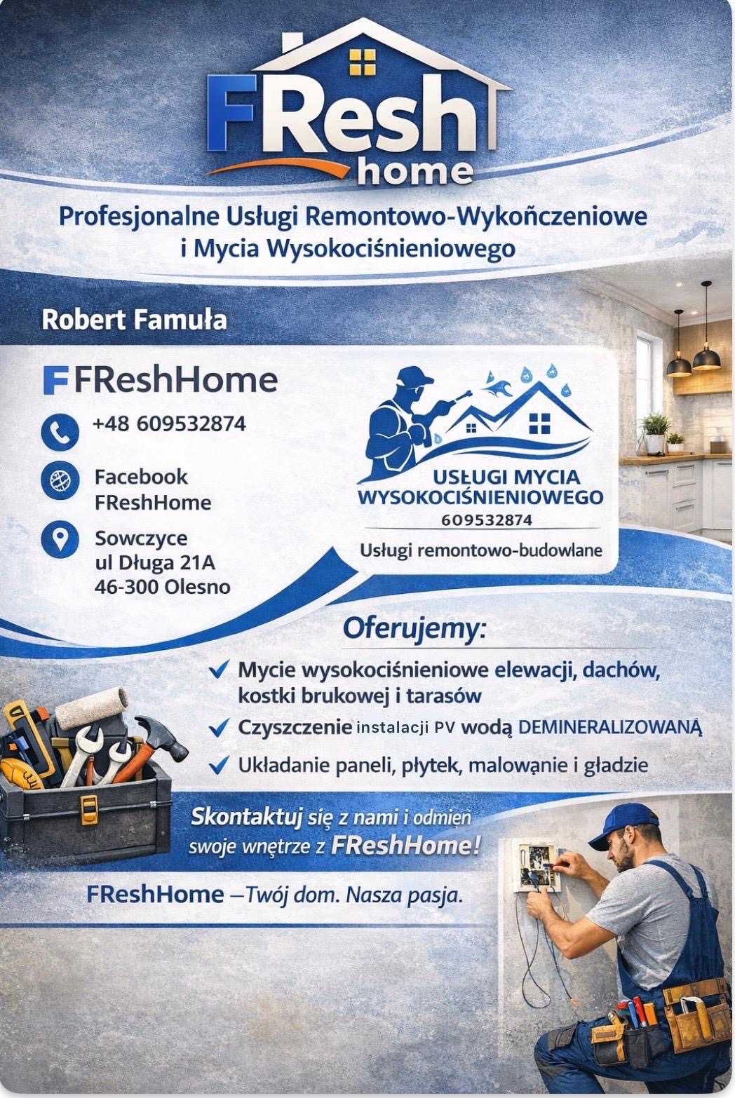 Mężczyzna w kombinezonie montuje instalację elektryczną. Reklama firmy remontowo-budowlanej FreshHome z ofertą mycia ciśnieniowego i wykończeń.