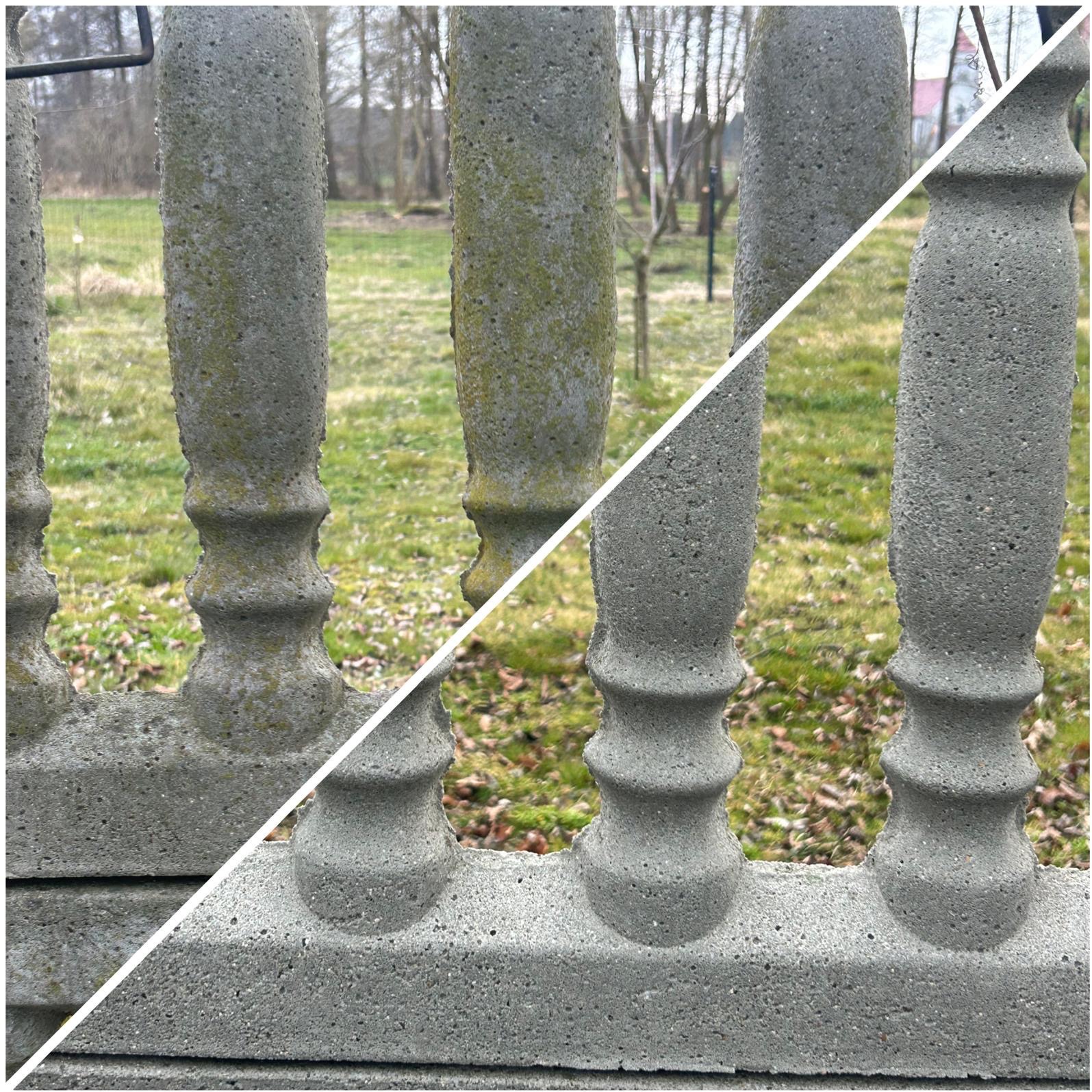 Betonowe słupki balustrady w ujęciu przed i po czyszczeniu. Po lewej stronie widoczny mech i zabrudzenia, po prawej czysta powierzchnia betonu.