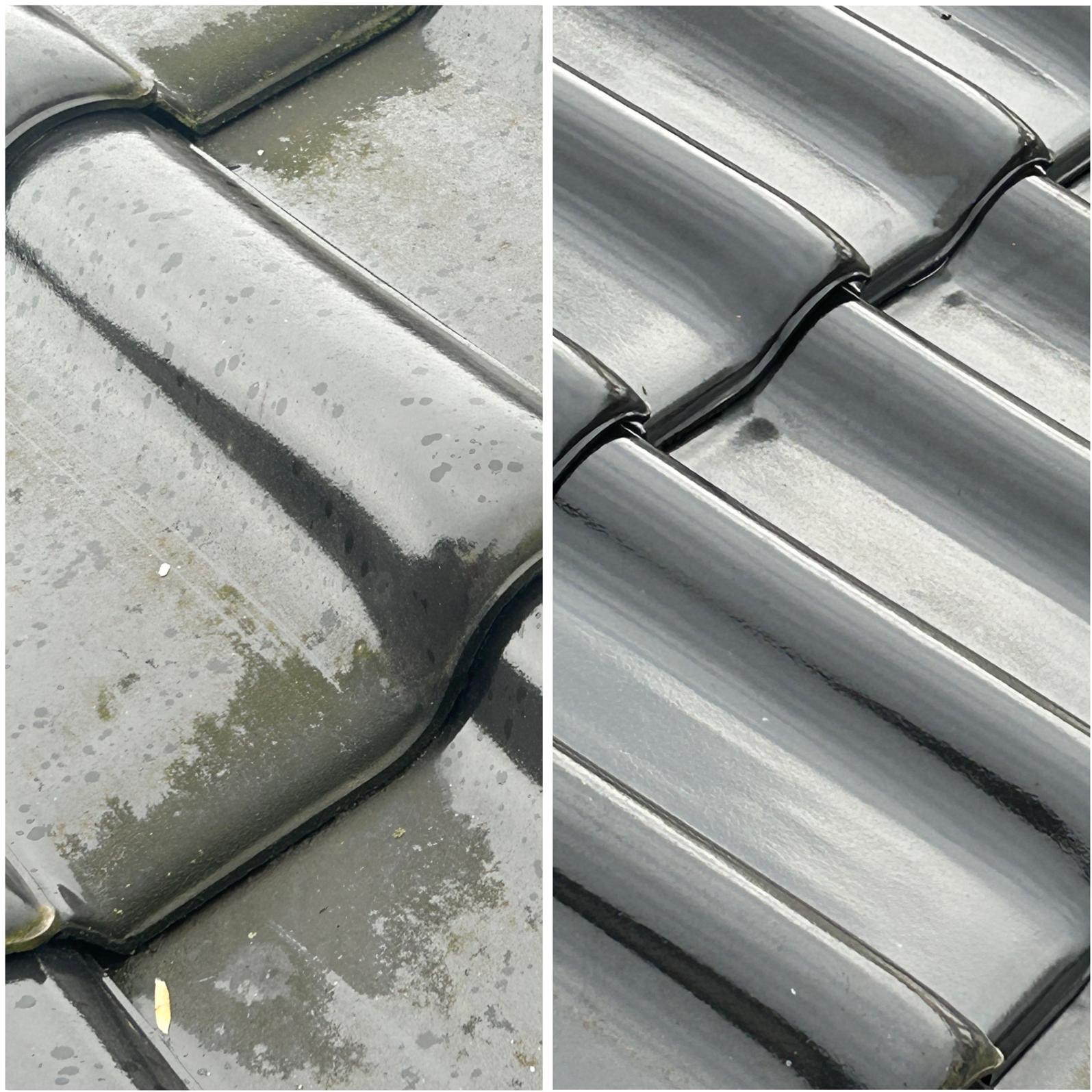 Dzielone ujęcie dachu: po lewej stronie dachówka pokryta zabrudzeniami, po prawej czysta, błyszcząca dachówka po czyszczeniu. Widoczne detale faktury i załamania światła.