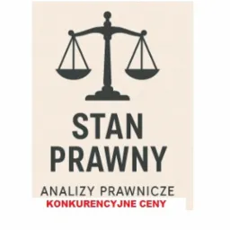 Grafika z wagą sprawiedliwości nad napisem 'STAN PRAWNY', 'ANALIZY PRAWNICZE', czerwony napis 'KONKURENCYJNE CENY' na kremowym tle.