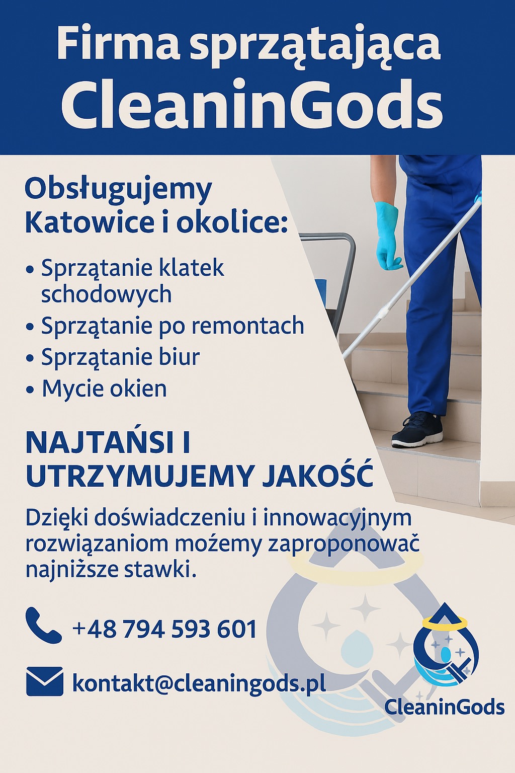Reklama firmy sprzątającej z Katowic. Oferta obejmuje sprzątanie po remontach, biur, klatek schodowych i mycie okien. Na zdjęciu osoba sprzątająca schody.