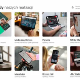 Kolaż realizacji: branding aplikacji mobilnej, strona internetowa, aplikacja webowa, sklep internetowy. Różne urządzenia: laptop, tablet, smartfon.