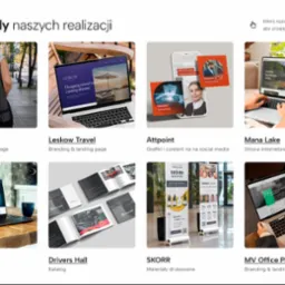 Przykłady realizacji stron www i brandingu, w tym landing page, katalogu i materiałów drukowanych. Różnorodne projekty graficzne zrealizowane w Poznaniu.