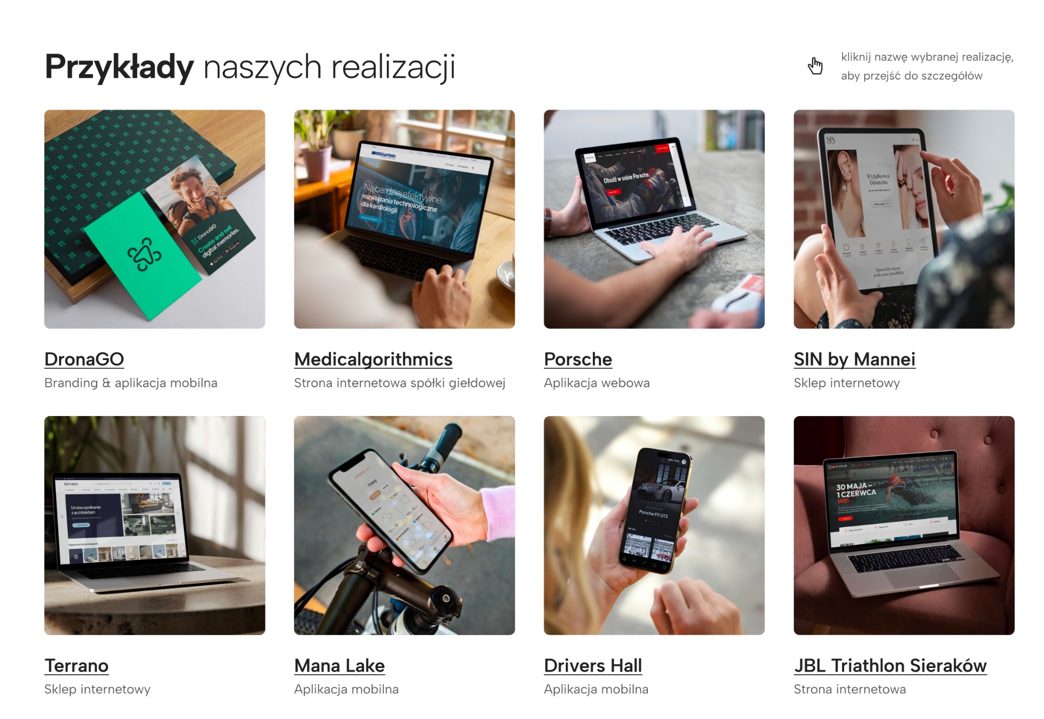 Kolaż realizacji: branding aplikacji mobilnej, strona internetowa, aplikacja webowa, sklep internetowy. Różne urządzenia: laptop, tablet, smartfon.