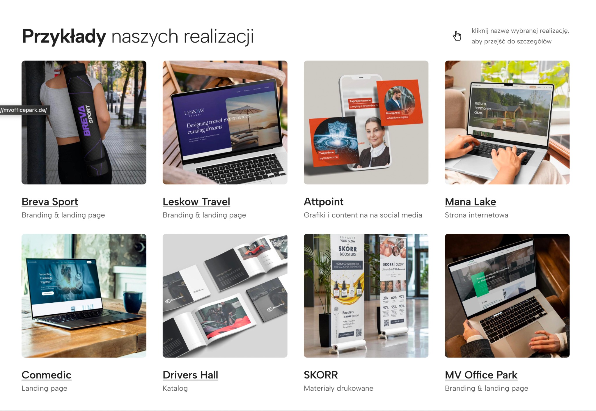 Przykłady realizacji stron www i brandingu, w tym landing page, katalogu i materiałów drukowanych. Różnorodne projekty graficzne zrealizowane w Poznaniu.