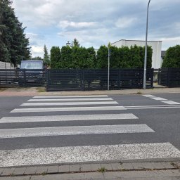 Hubert Klupsch - Nowoczesne, poziome ogrodzenie metalowe w kolorze grafitowym, widoczne z poziomu przejścia dla pieszych, z zielonymi tujami w tle i fragmentem zaparkowanego auta.