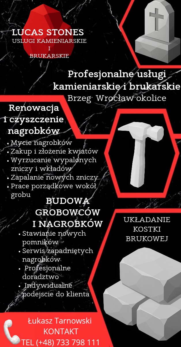 Grafika reklamowa usług kamieniarskich i brukarskich: nagrobki, grobowce, układanie kostki brukowej. Zawiera dane kontaktowe.