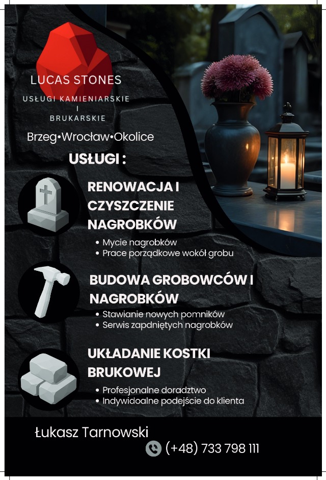 Grafika reklamowa usług kamieniarskich: renowacja nagrobków, budowa grobowców, układanie kostki brukowej. W tle cmentarz, wazon z kwiatami i lampion.