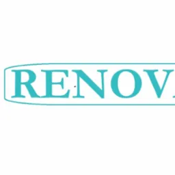 Turkusowe logo firmy RenovaTech z abstrakcyjnym symbolem w okręgu, przypominającym liście lub skrzydła, obok nazwy firmy w ozdobnej ramce.