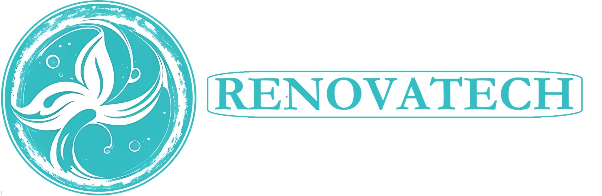 Turkusowe logo firmy RenovaTech z abstrakcyjnym symbolem w okręgu, przypominającym liście lub skrzydła, obok nazwy firmy w ozdobnej ramce.