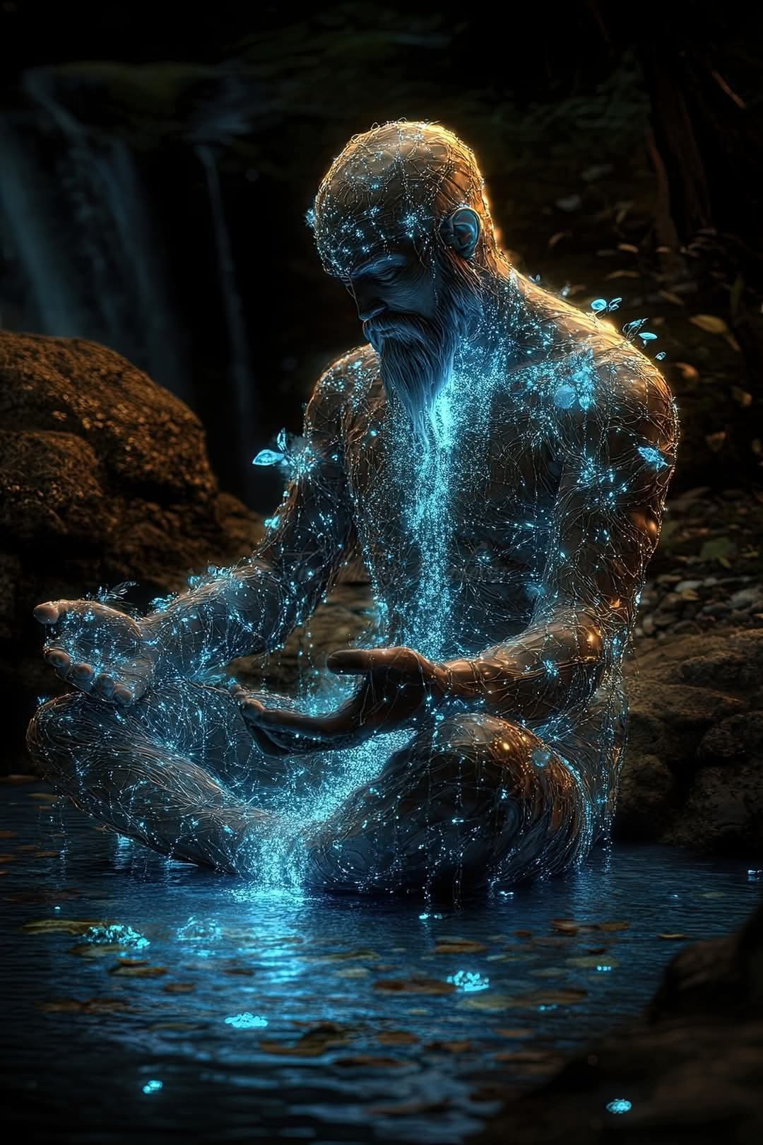 Ilustracja cyfrowa: Medytujący mężczyzna w pozycji lotosu, opleciony siecią świetlistych punktów, siedzący w wodzie na tle wodospadu, w mrocznej scenerii.