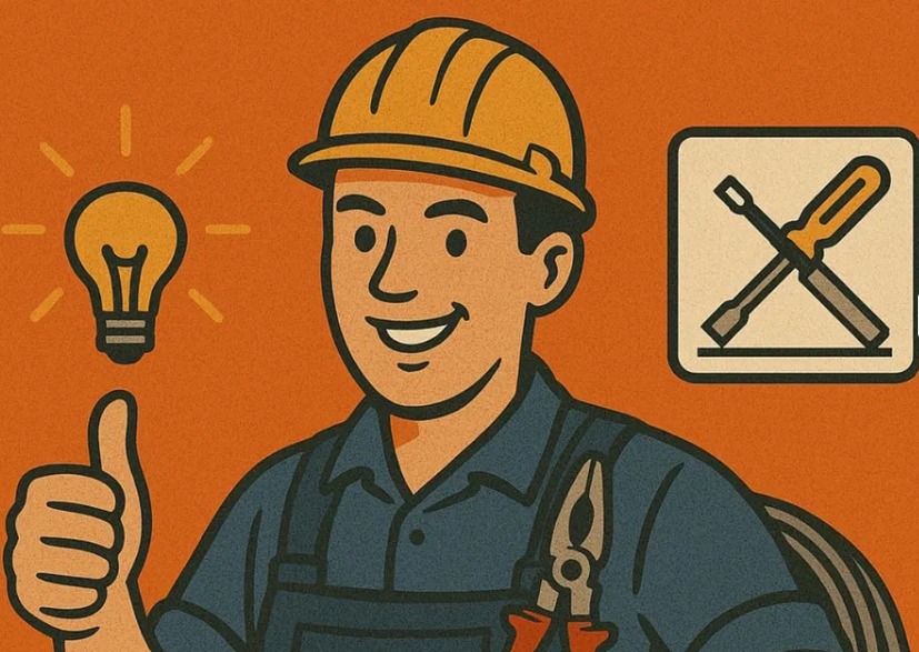 Ilustracja uśmiechniętego elektryka w kasku, z żarówką symbolizującą pomysł, narzędziami i znakiem narzędziowym na pomarańczowym tle.