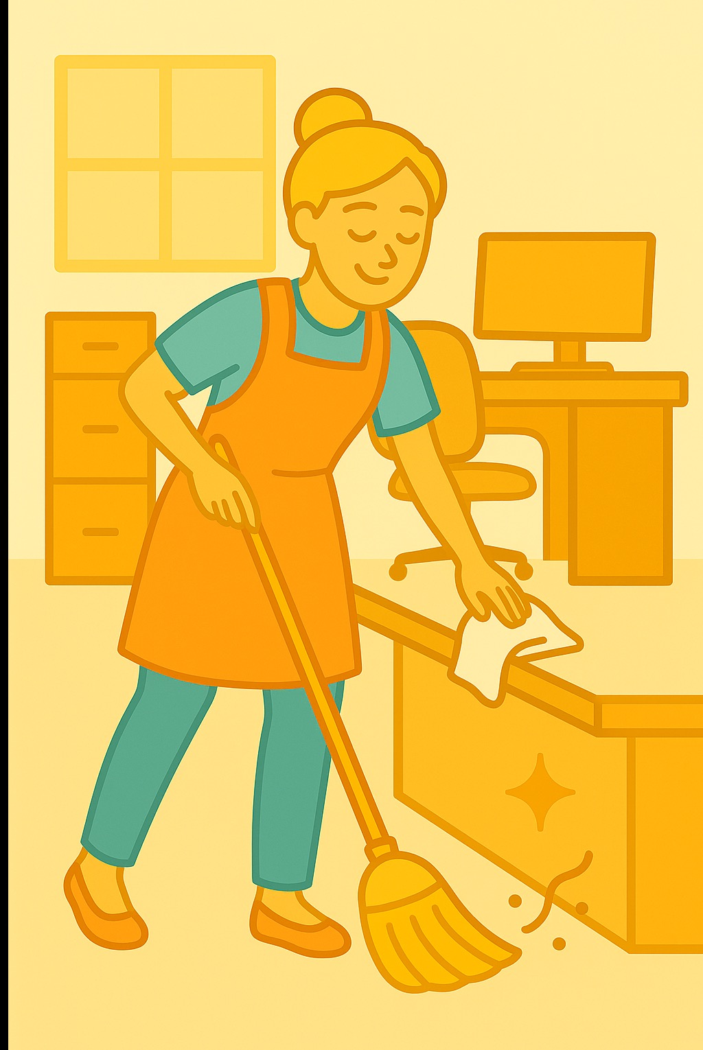 Ilustracja kobiety w fartuchu sprzątającej biuro: ścierka na biurku, obok biurka stoi zmiotka. W tle okno, szafka, biurko z komputerem i krzesło.