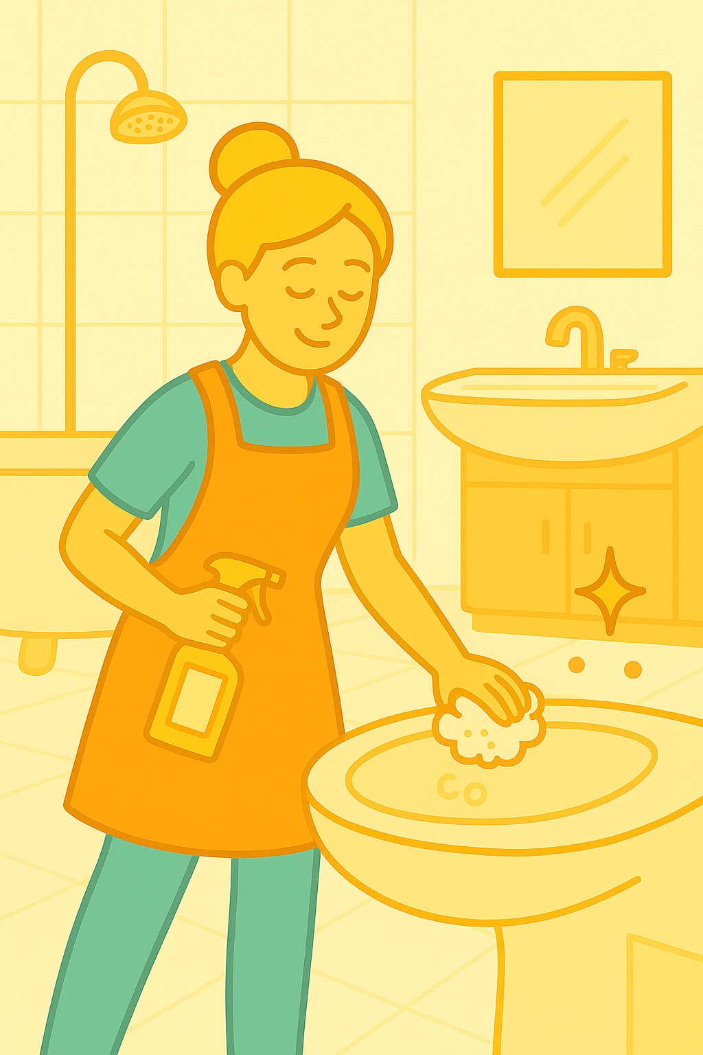 Ilustracja: kobieta w fartuchu czyści umywalkę w łazience, używając gąbki i spryskiwacza. W tle kabina prysznicowa i szafka z lustrem. Stylizowane, pastelowe barwy.