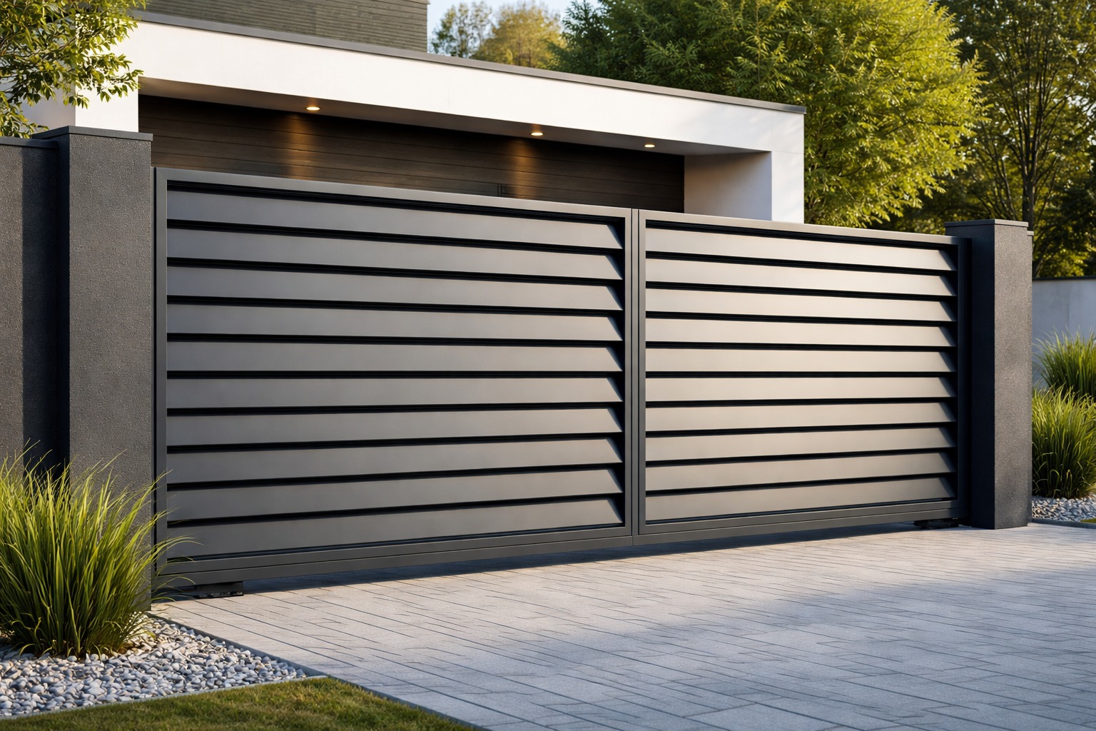 Nowoczesna, pozioma brama wjazdowa w kolorze antracytu, z przesuwnymi panelami, osadzona na betonowych słupkach. Minimalistyczny design, kostka brukowa i zieleń w tle.