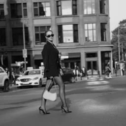 Stylowa kobieta w czarnym garniturze i okularach przechodzi przez ulicę na tle miejskiej zabudowy. Uwagę przykuwają rajstopy i szpilki oraz torebka na ramieniu.