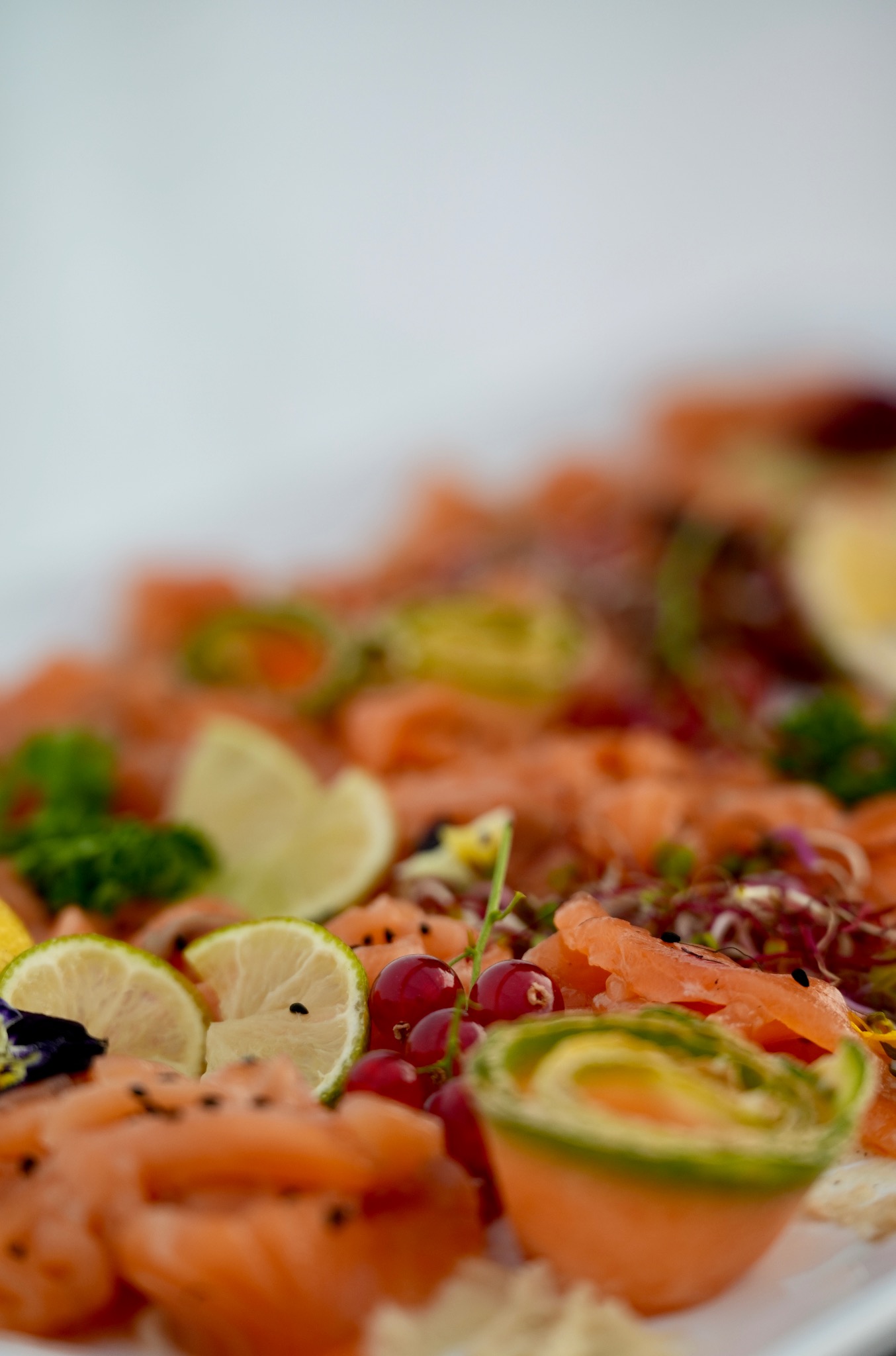 Wyjątkowa kompozycja z łososia, limonek i czerwonych porzeczek na eleganckim przyjęciu we Wrocławiu. Delikatne plasterki ryby, świeże owoce i zioła.