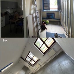 Perfect Duo Remonty - Remont pokoju: widok 'przed' z metalową konstrukcją na ścianie i 'po' z nową podłogą, oknami i ścianami. Układ 'przed i po' na jednym zdjęciu.