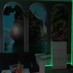 Perfect Duo Remonty - Salon z fototapetą imitującą widok na morze przez arkady, podświetlony zielonymi ledami, białe meble i osoby w tle.