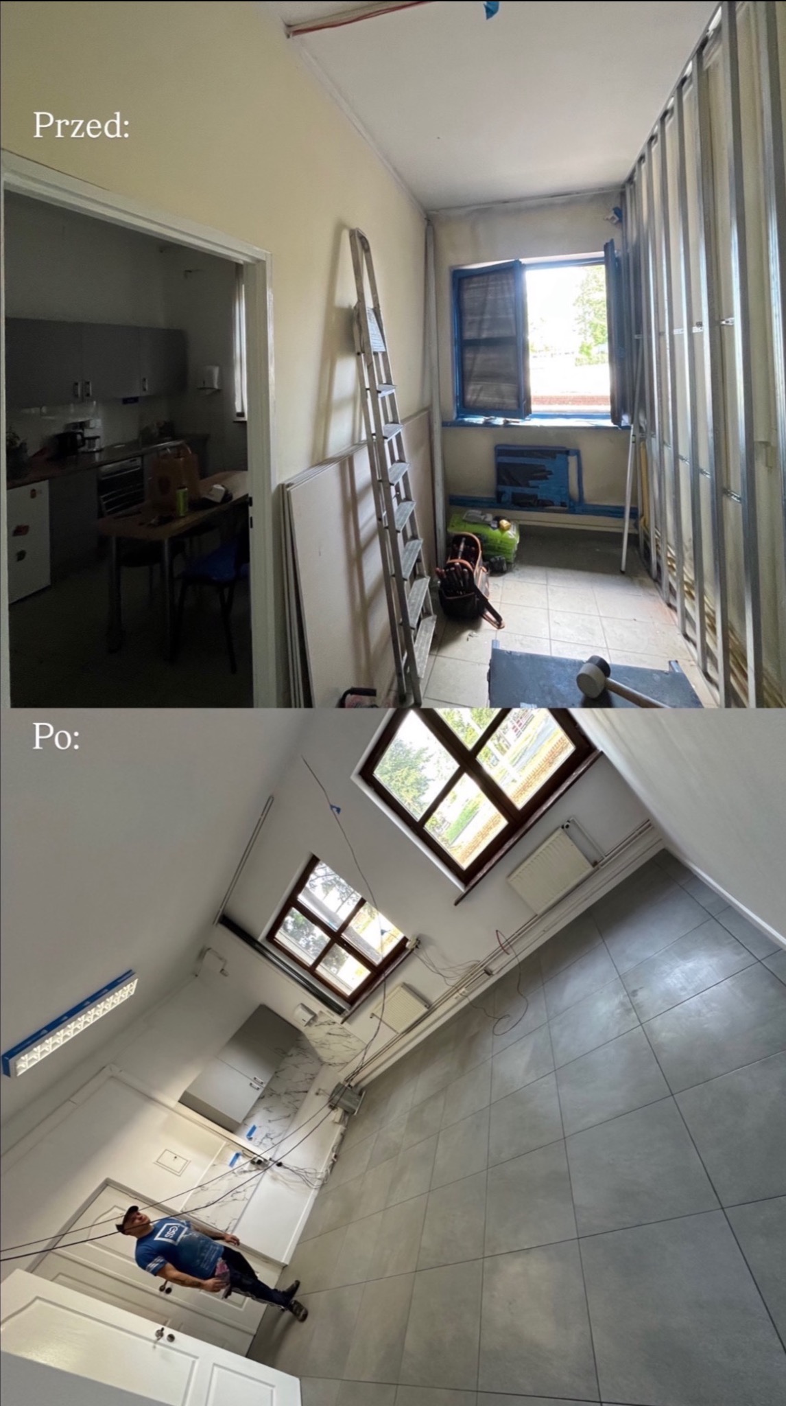 Remont pokoju: widok 'przed' z metalową konstrukcją na ścianie i 'po' z nową podłogą, oknami i ścianami. Układ 'przed i po' na jednym zdjęciu.