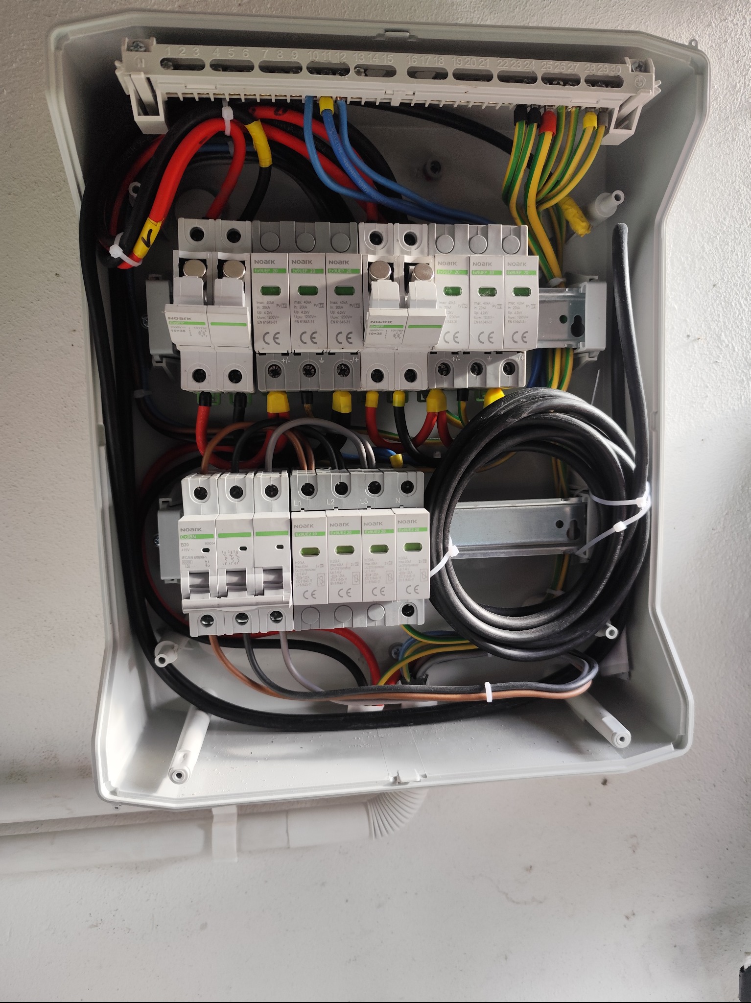 Rozdzielnica elektryczna z zabezpieczeniami przepięciowymi Noark, widoczne przewody w różnych kolorach, zamontowana w szarej obudowie na białej ścianie.