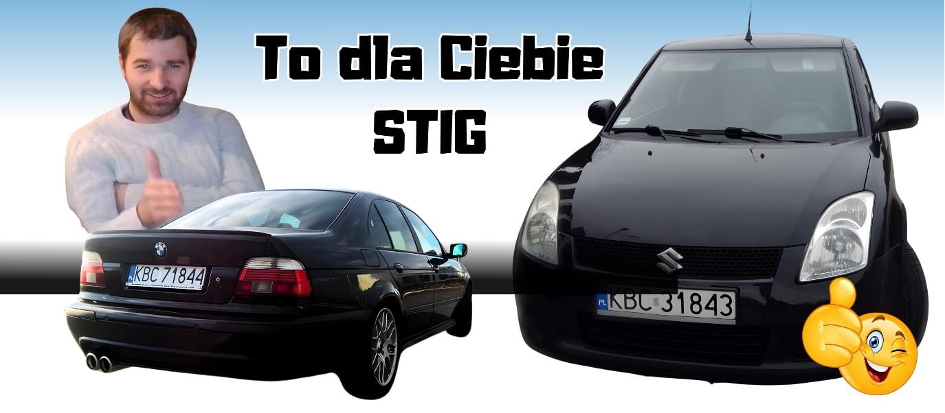 Dwa czarne samochody z tablicami rejestracyjnymi KBC, obok mężczyzna z uniesionym kciukiem i napis 'To dla Ciebie STIG'.