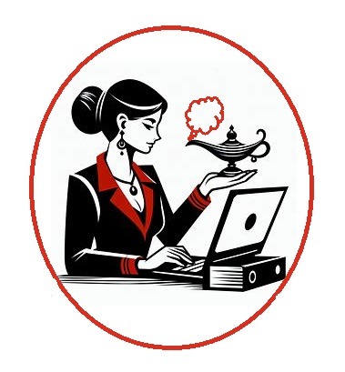 Kobieta w garniturze przy laptopie, nad którym unosi się lampa Aladyna z dymkiem. Grafika w czerwono-czarnej kolorystyce, umieszczona w okręgu.