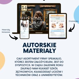 Nauka Języka Angielskiego Kamil Łaski - Autorskie materiały do nauki angielskiego: arkusze dyskusyjne, gramatyka, materiały biznesowe. Ekrany urządzeń prezentują zawartość kursu online.