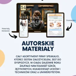 Autorskie materiały do nauki angielskiego: arkusze dyskusyjne, gramatyka, materiały biznesowe. Ekrany urządzeń prezentują zawartość kursu online.