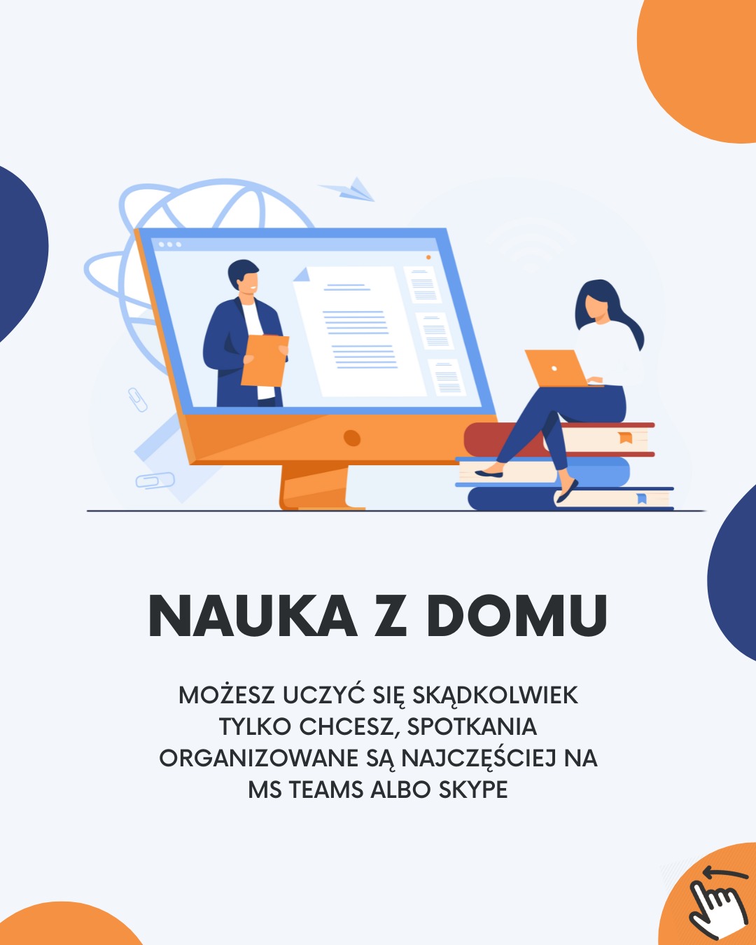 Ilustracja: Nauka zdalna na komputerze. Kobieta z laptopem siedzi na książkach. Tekst: Nauka z domu, spotkania na MS Teams lub Skype.