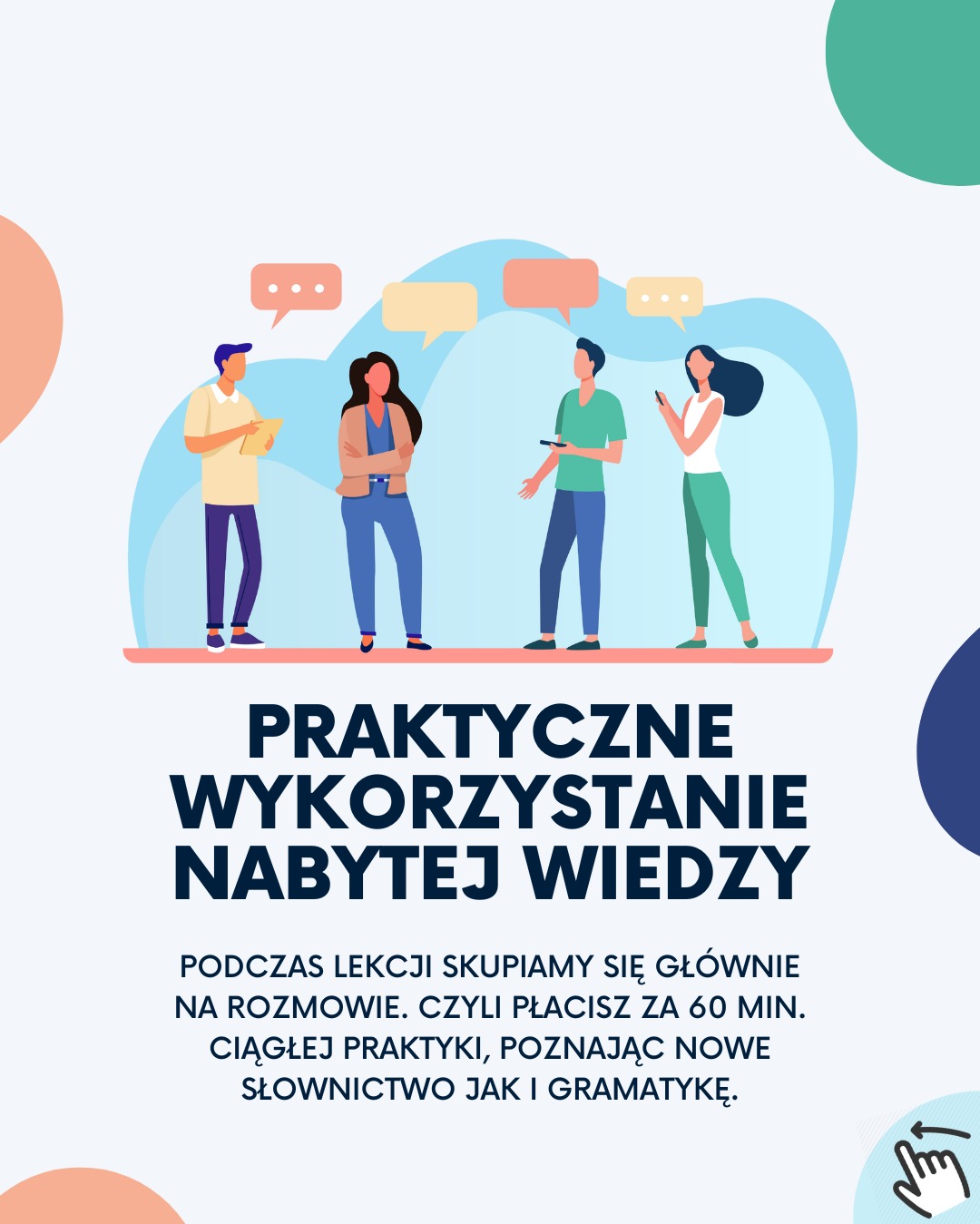 Ilustracja promująca praktyczne wykorzystanie wiedzy językowej, z czterema postaciami w dymkach dialogowych i tekstem o konwersacjach na lekcjach.