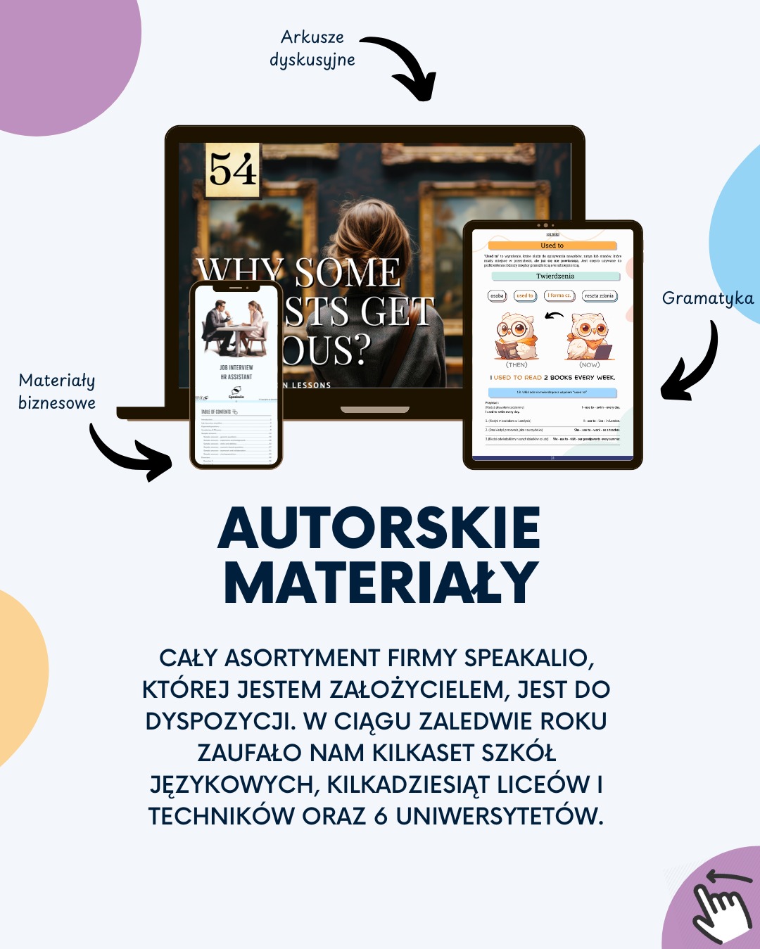 Autorskie materiały do nauki angielskiego: arkusze dyskusyjne, gramatyka, materiały biznesowe. Ekrany urządzeń prezentują zawartość kursu online.