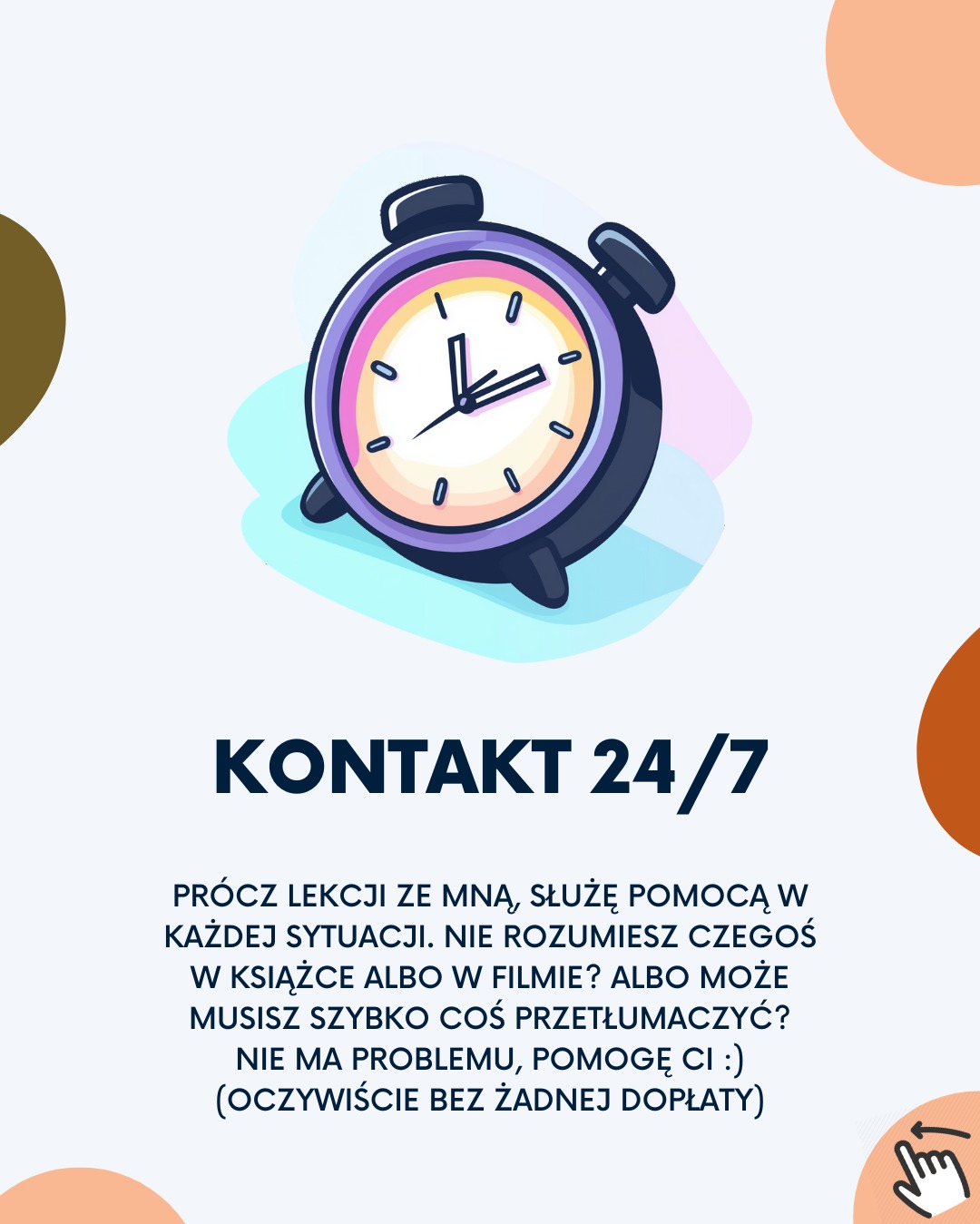 Ilustracja: budzik w fioletowej obudowie, napis 'Kontakt 24/7' i oferta pomocy w tłumaczeniach. Całość na jasnym tle z kolorowymi elementami.