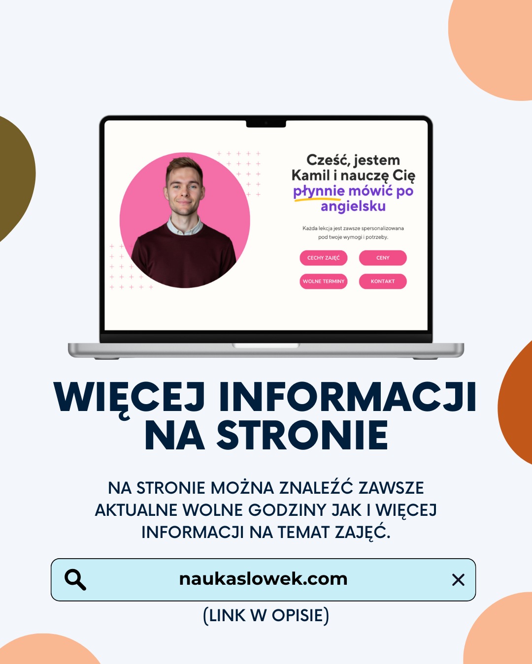 Laptop z ofertą nauki angielskiego online od Kamila. Informacje o cechach zajęć, cenach i wolnych terminach. Link do strony z aktualnymi godzinami.