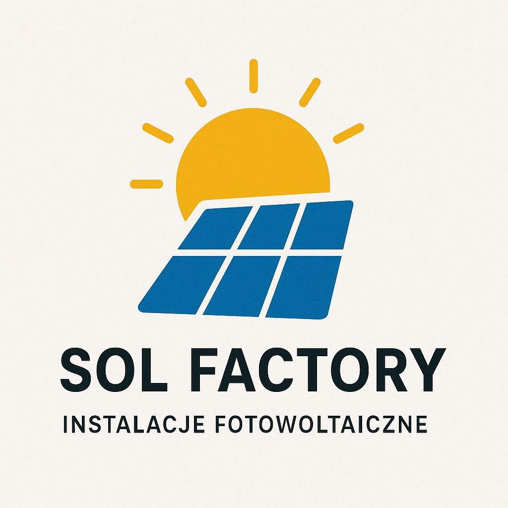 Grafika Sol Factory z Gliwic: stylizowany panel słoneczny pod słońcem, symbolizujący instalacje fotowoltaiczne. Logo firmy w kolorach niebieskim i żółtym.