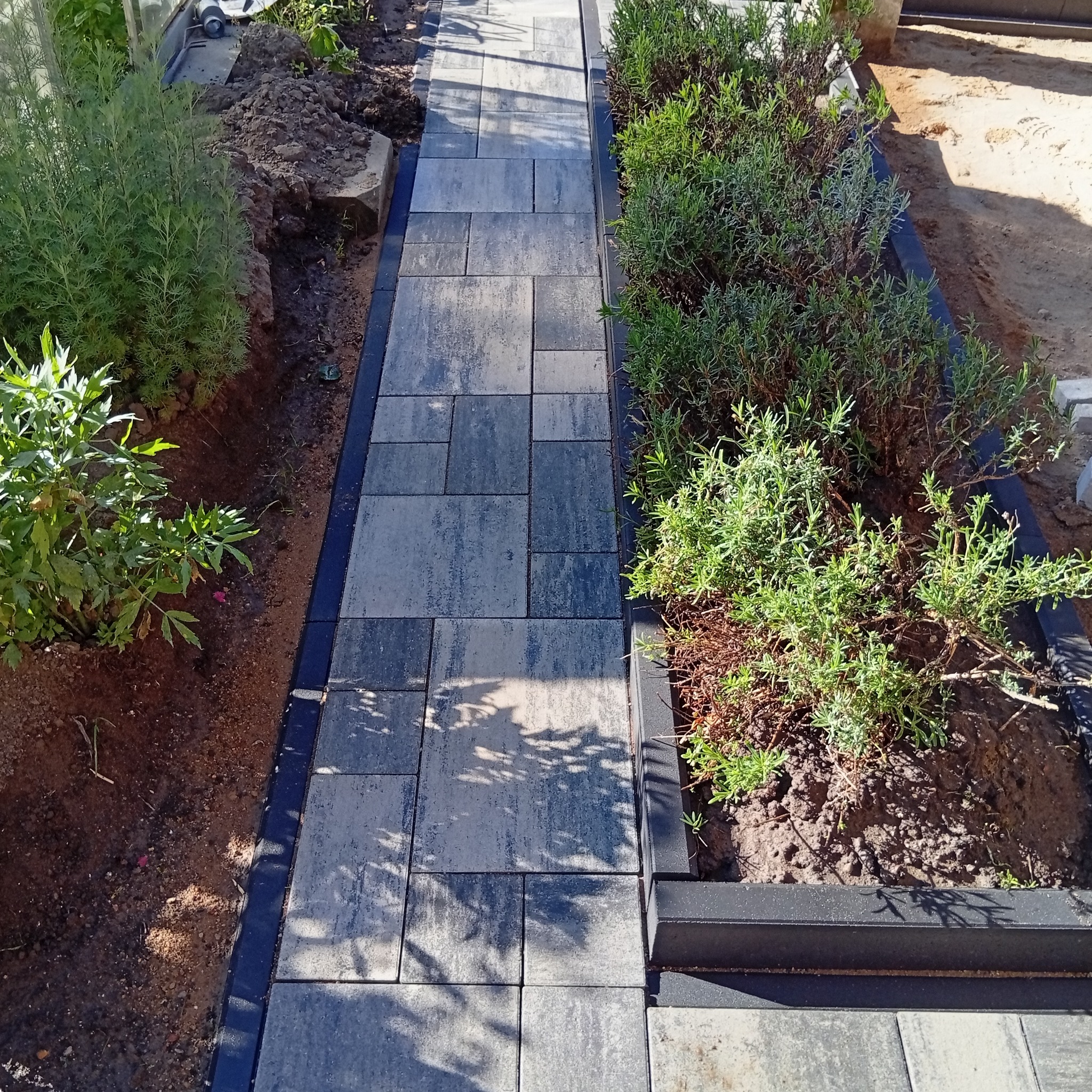 Ścieżka z szarej kostki brukowej o nieregularnym wzorze, obrzeża z czarnego tworzywa, zieleń po bokach. Widok z góry, oświetlenie słoneczne.