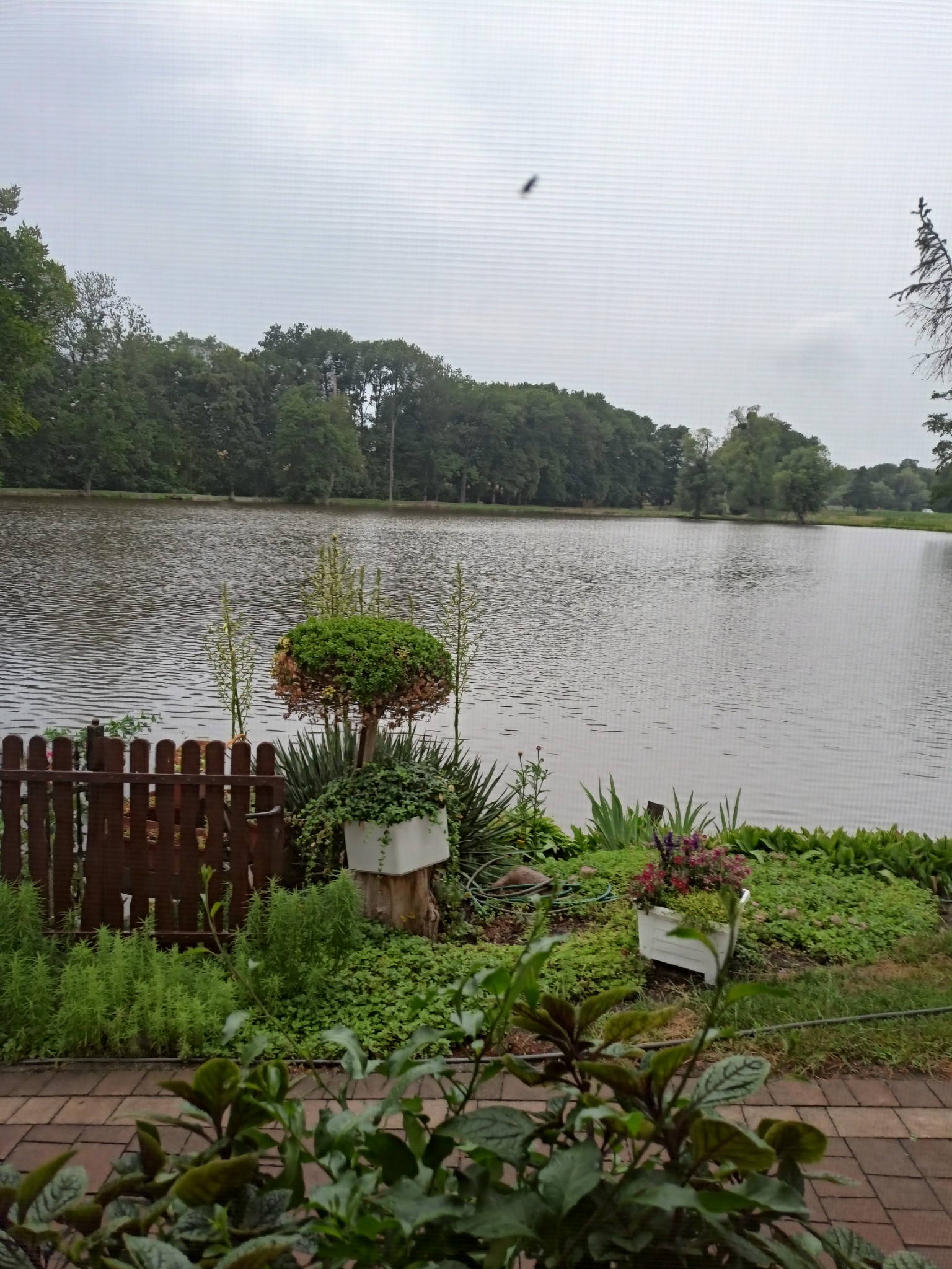 Malowniczy widok na jezioro z perspektywy ozdobnego ogrodu z drewnianym płotem i kwitnącymi roślinami w białych donicach.