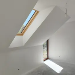 Jasne poddasze z oknem dachowym i pionowym. Świeżo pomalowane ściany na biało, surowa podłoga. Widoczne punkty elektryczne. Minimalizm i prostota.