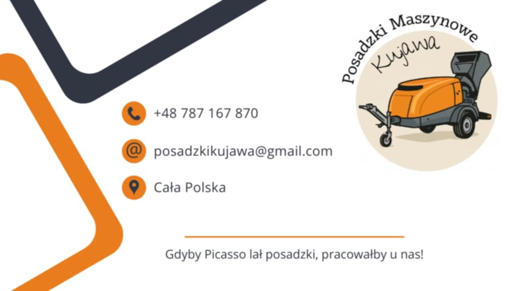 Wizytówka firmy Posadzki Kujawa z ilustracją maszyny do posadzek, numerem telefonu, adresem email i informacją o obszarze działania: Cała Polska.