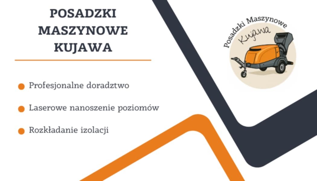Grafika: Posadzki maszynowe Kujawa. Oferta obejmuje doradztwo, laserowe poziomowanie i rozkładanie izolacji. Ilustracja maszyny do posadzek jastrychowych.
