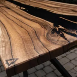 Blat stołu z żywicą epoksydową, ukazujący unikalne usłojenie drewna i czarną żywicę. Nierówna krawędź, logo w rogu. Metalowa podstawa, kostka brukowa w tle.