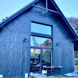 Usługi stolarsko - ciesielskie - Ciemny, drewniany dom z dużymi oknami i czarnym psem na podeście. Widoczne góry w tle i lampy zewnętrzne. Charakterystyczne pionowe i skośne deski.