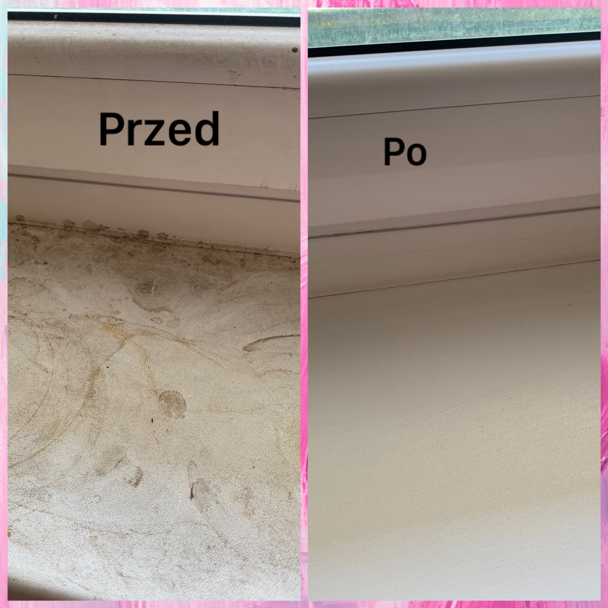 Zdjęcie okna podzielone na pół: 'Przed' z widocznymi zabrudzeniami i 'Po', ukazujące czystą, odświeżoną powierzchnię.