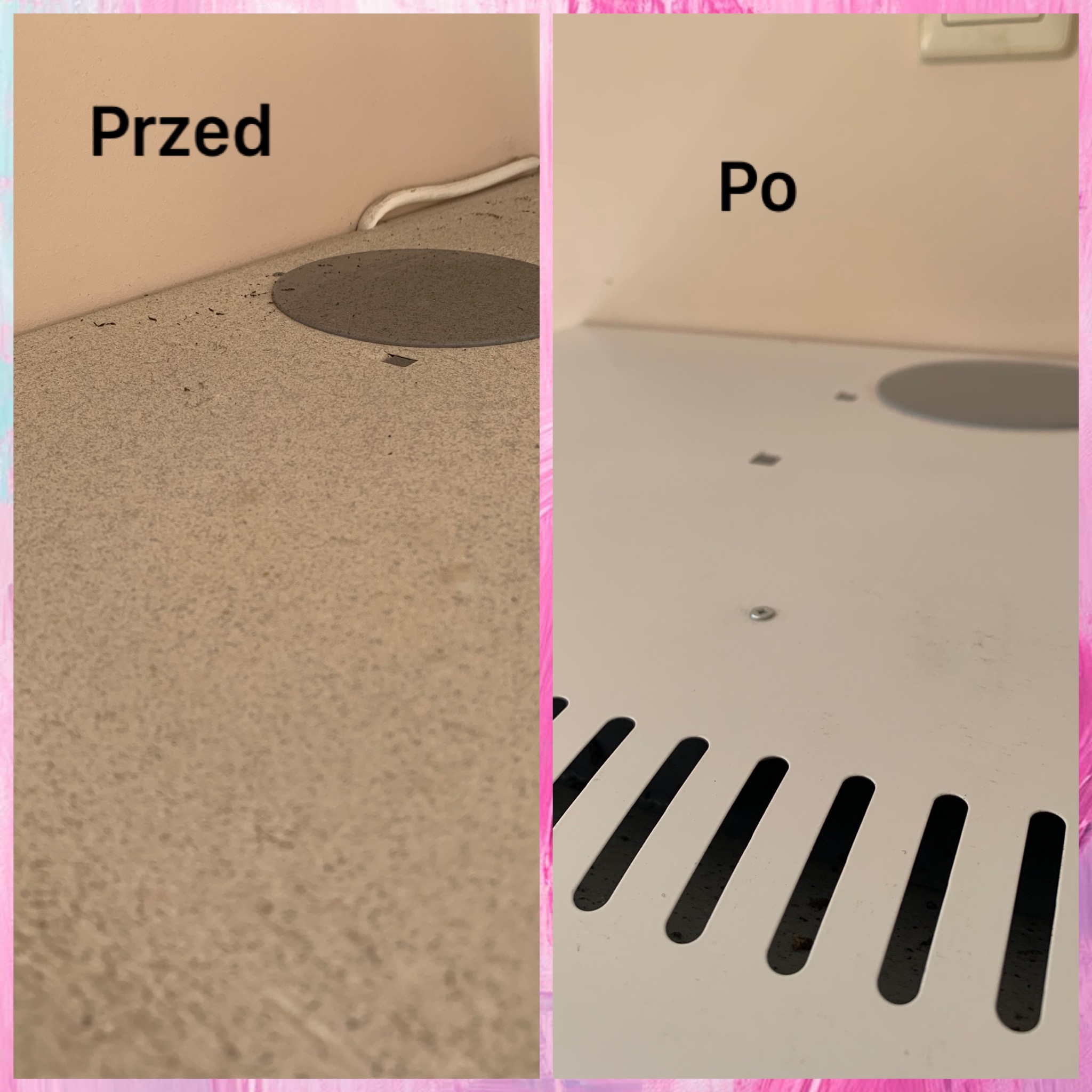 Zdjęcie 'przed i po' przedstawiające czyszczenie powierzchni pod szafką. Po lewej brudna podłoga, po prawej czysta szafka z widocznymi otworami wentylacyjnymi.