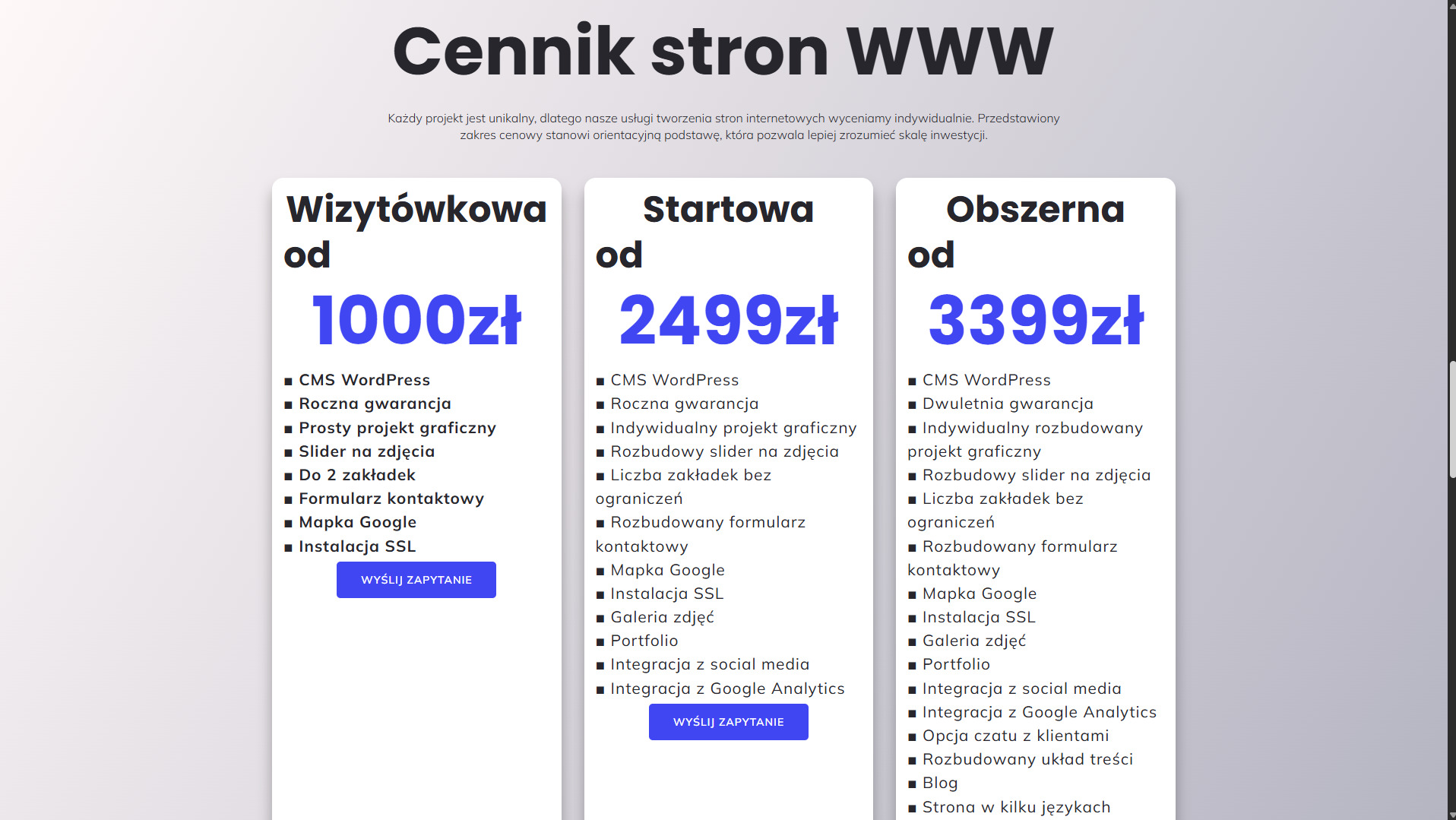 Cennik tworzenia stron WWW w Tłuszczu. Oferta obejmuje strony wizytówkowe, startowe i obszerne z różnymi funkcjonalnościami, m.in. CMS WordPress i integracje.