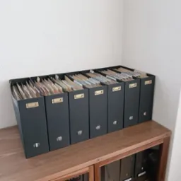 Rząd czarnych segregatorów z dokumentami na drewnianej szafce, uporządkowane archiwum biurowe w jasnym pomieszczeniu.